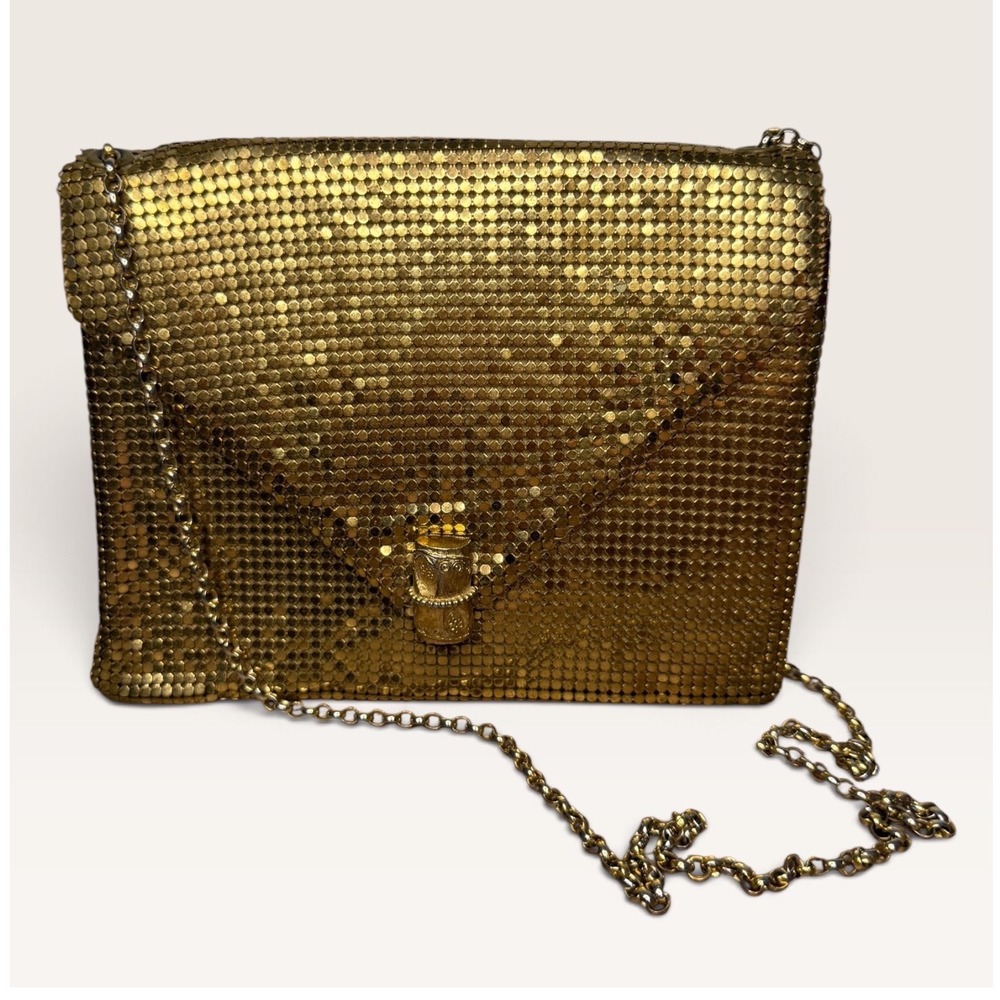 Vtg Whiting & Davis Gold Tone Metal Mesh Envelope Evening Shoulder Bag 1950s